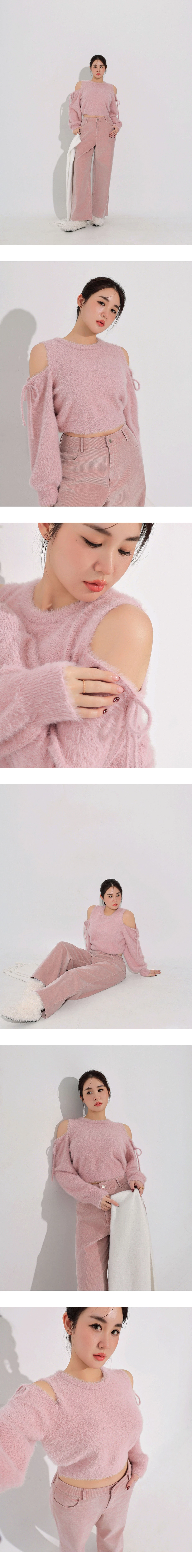 Soft Fuzzy Tie Detail Cold Shoulder Knit Top