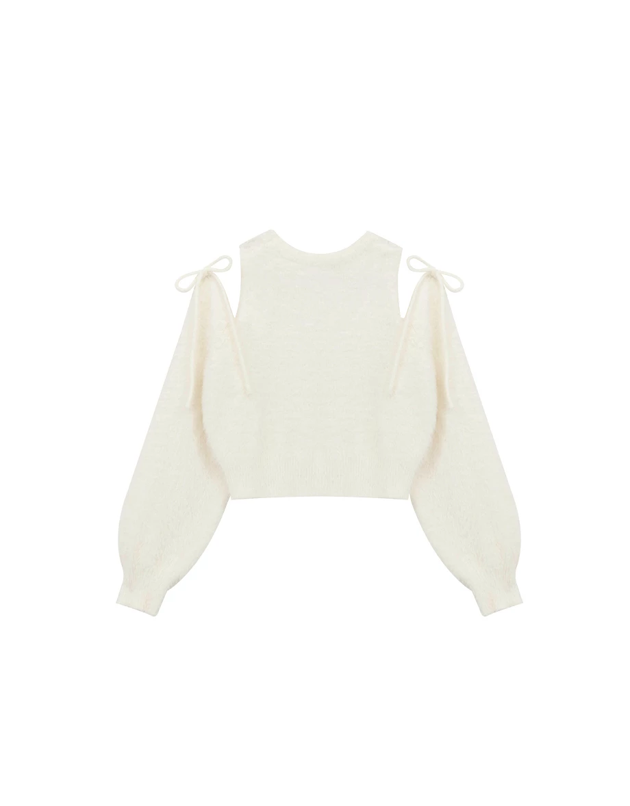 Soft Fuzzy Tie Detail Cold Shoulder Knit Top