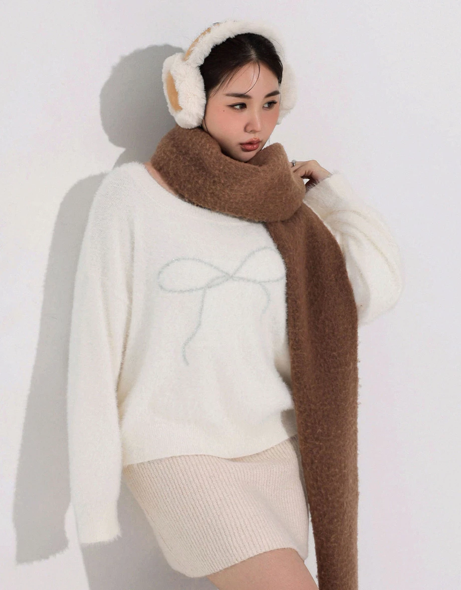 Reversible Neckline Oversized Fuzzy Knit Sweater with Bow Embroidery