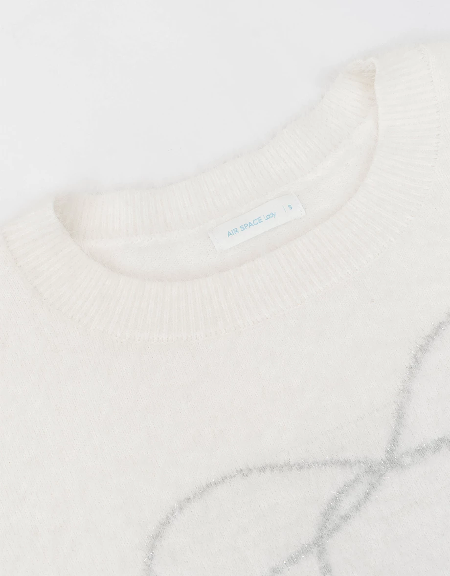 Reversible Neckline Oversized Fuzzy Knit Sweater with Bow Embroidery