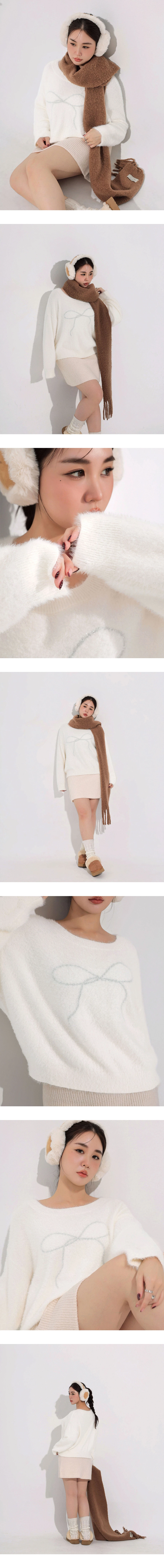 Reversible Neckline Oversized Fuzzy Knit Sweater with Bow Embroidery
