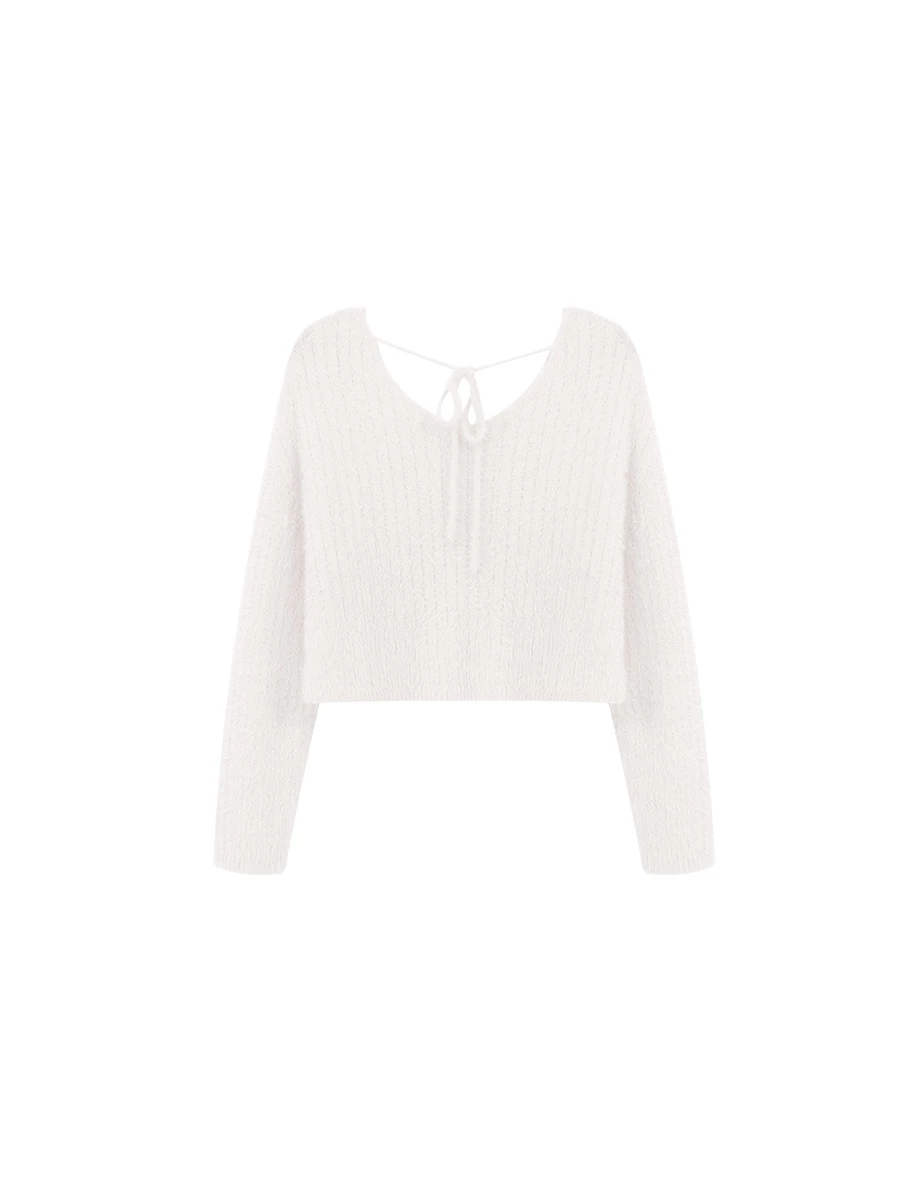 Reversible Furry Knit Cropped Sweater with Tie Detail