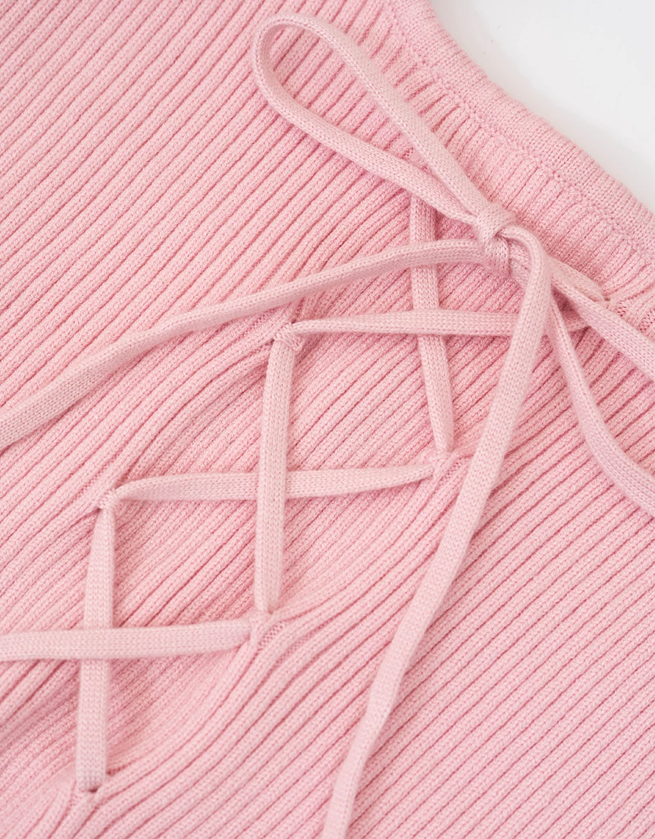 Faux 2 Piece Fuzzy Knit Cut Out Front Lace Up Cropped Top