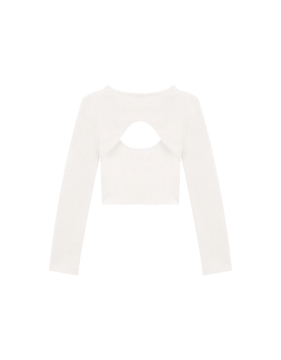 Faux 2 Piece Fuzzy Knit Cut Out Front Lace Up Cropped Top