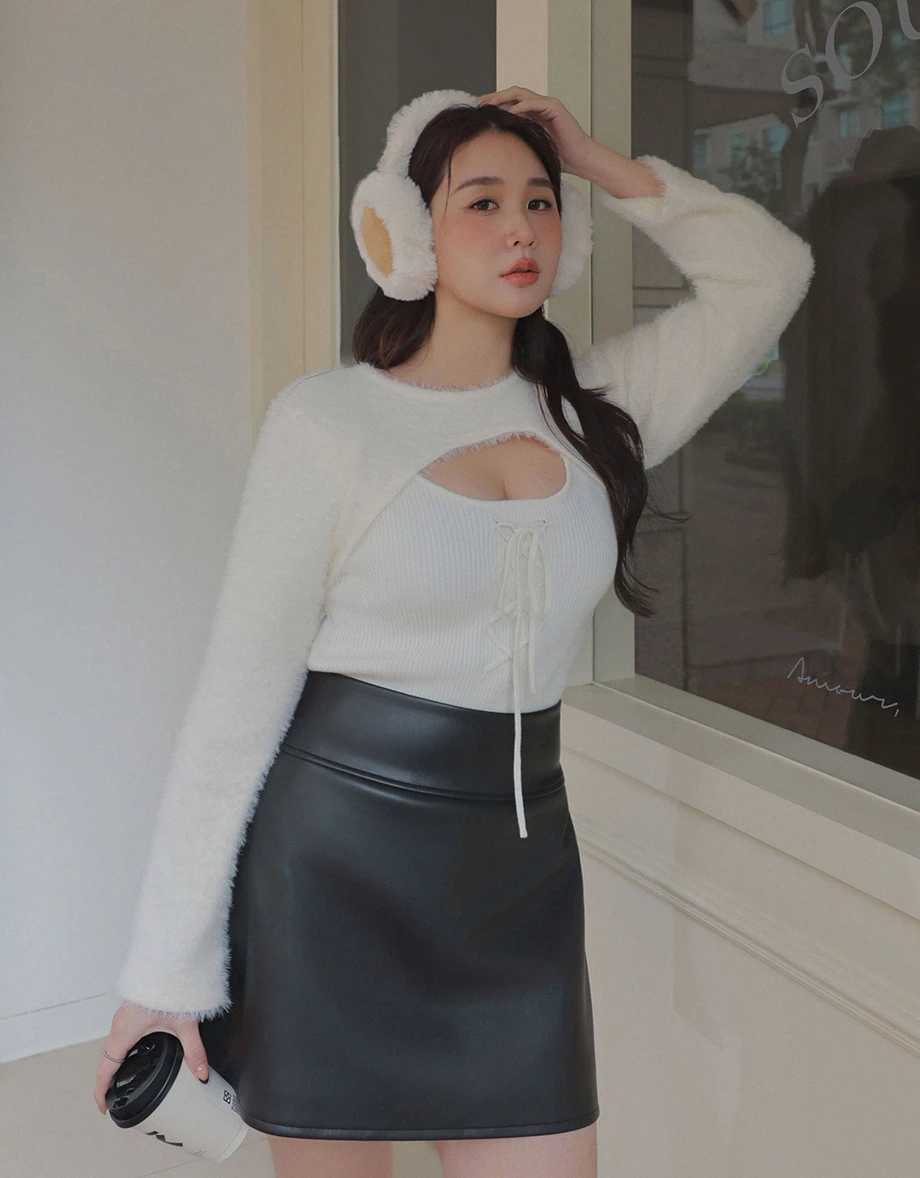 Faux 2 Piece Fuzzy Knit Cut Out Front Lace Up Cropped Top