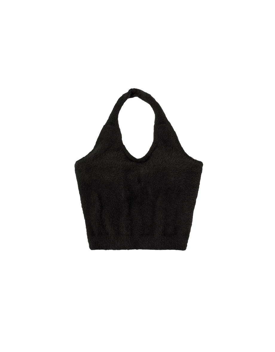 Soft Fluffy Halter Neck Knit Crop Padded Bra Tank Top