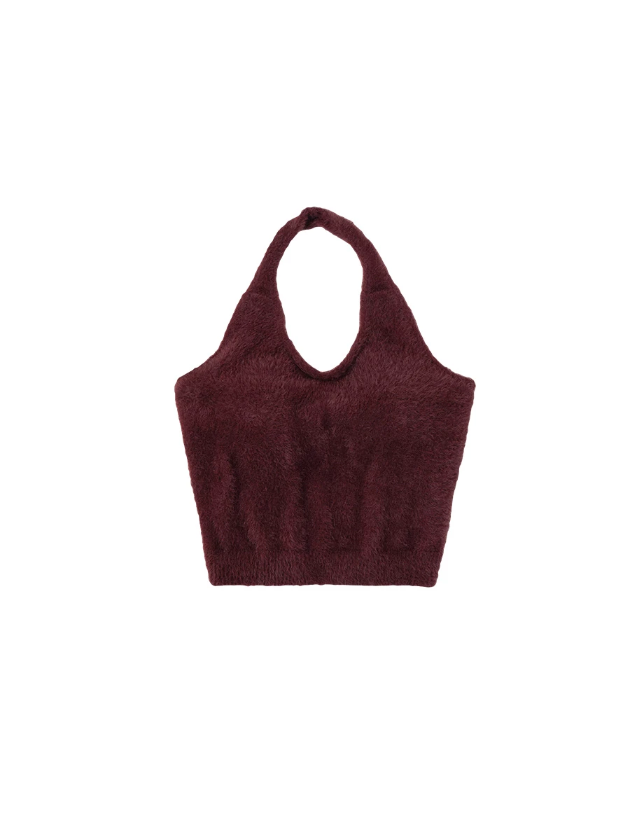 Soft Fluffy Halter Neck Knit Crop Padded Bra Tank Top