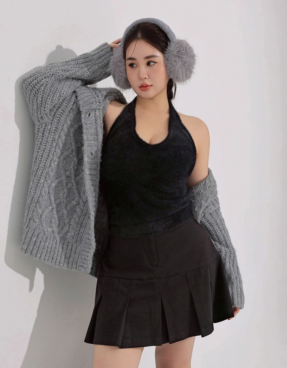 Soft Fluffy Halter Neck Knit Crop Padded Bra Tank Top