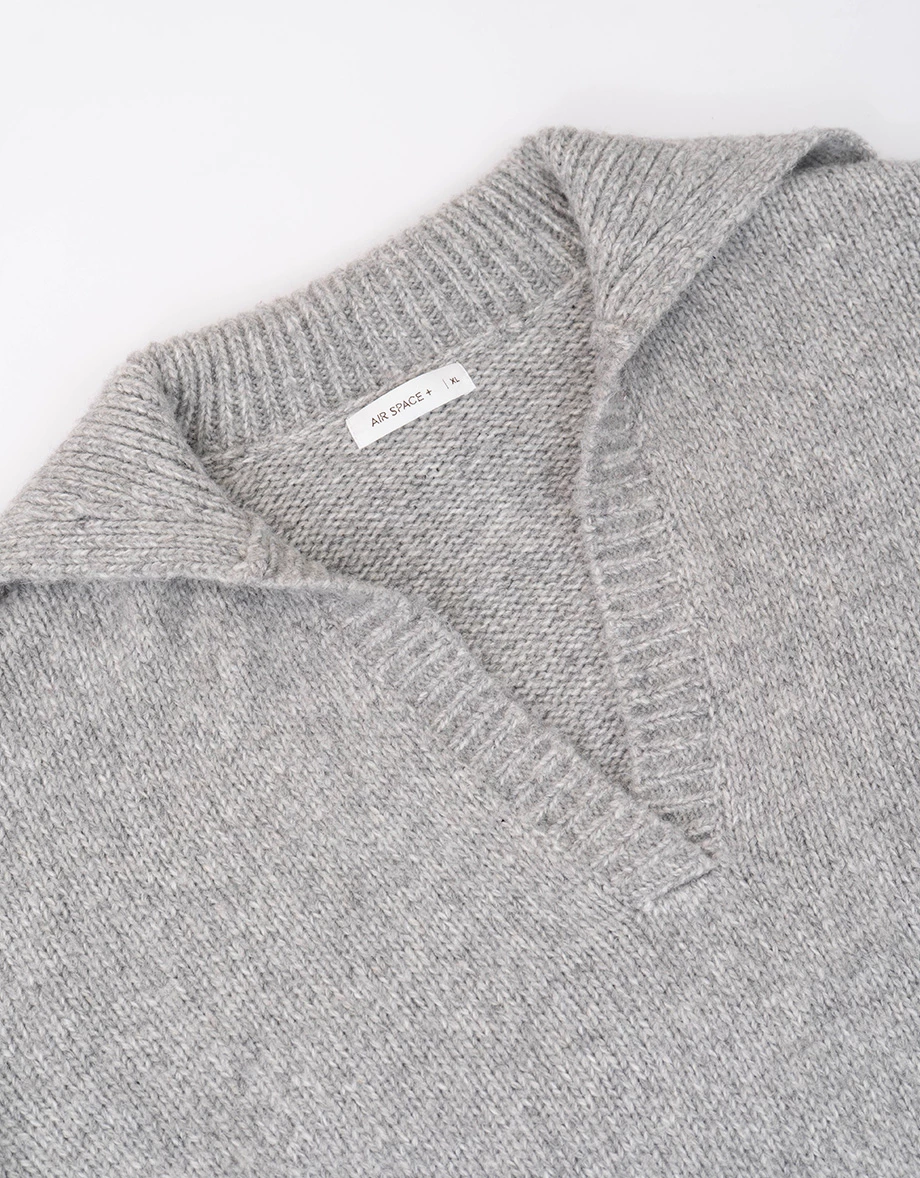 V Neck Folded Collar Longline Pullover Sweater