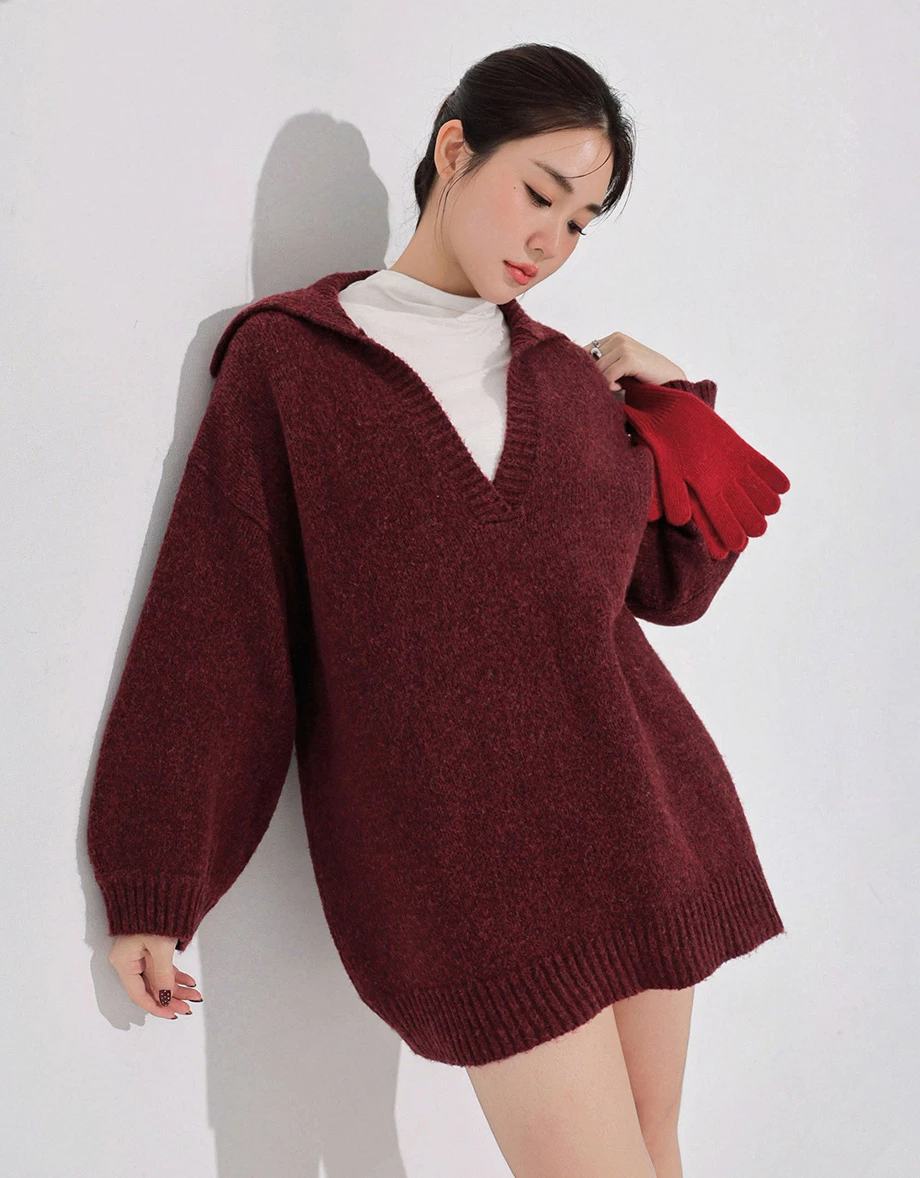 V Neck Folded Collar Longline Pullover Sweater