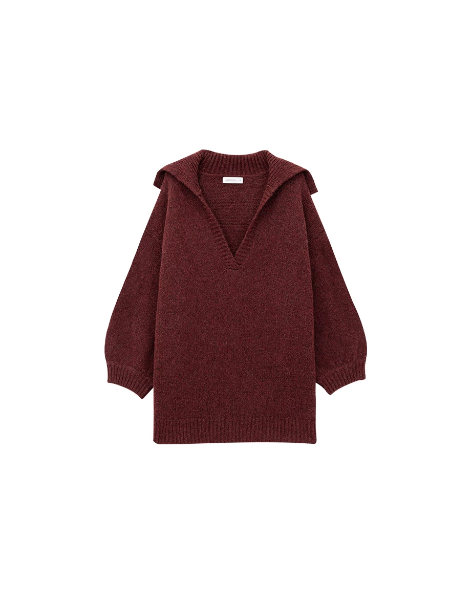 V Neck Folded Collar Longline Pullover Sweater