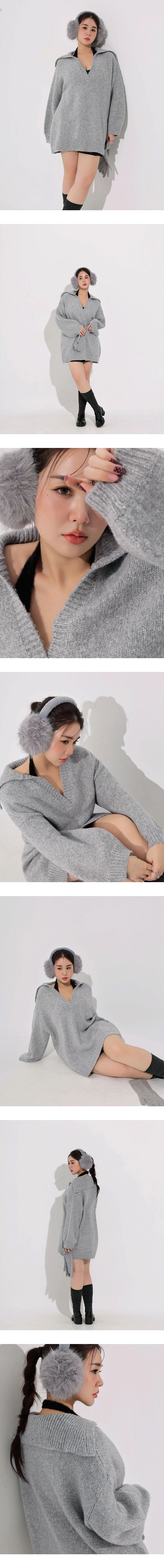 V Neck Folded Collar Longline Pullover Sweater