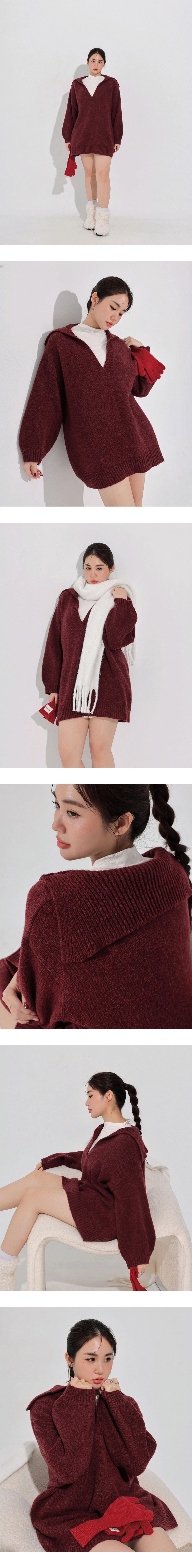 V Neck Folded Collar Longline Pullover Sweater