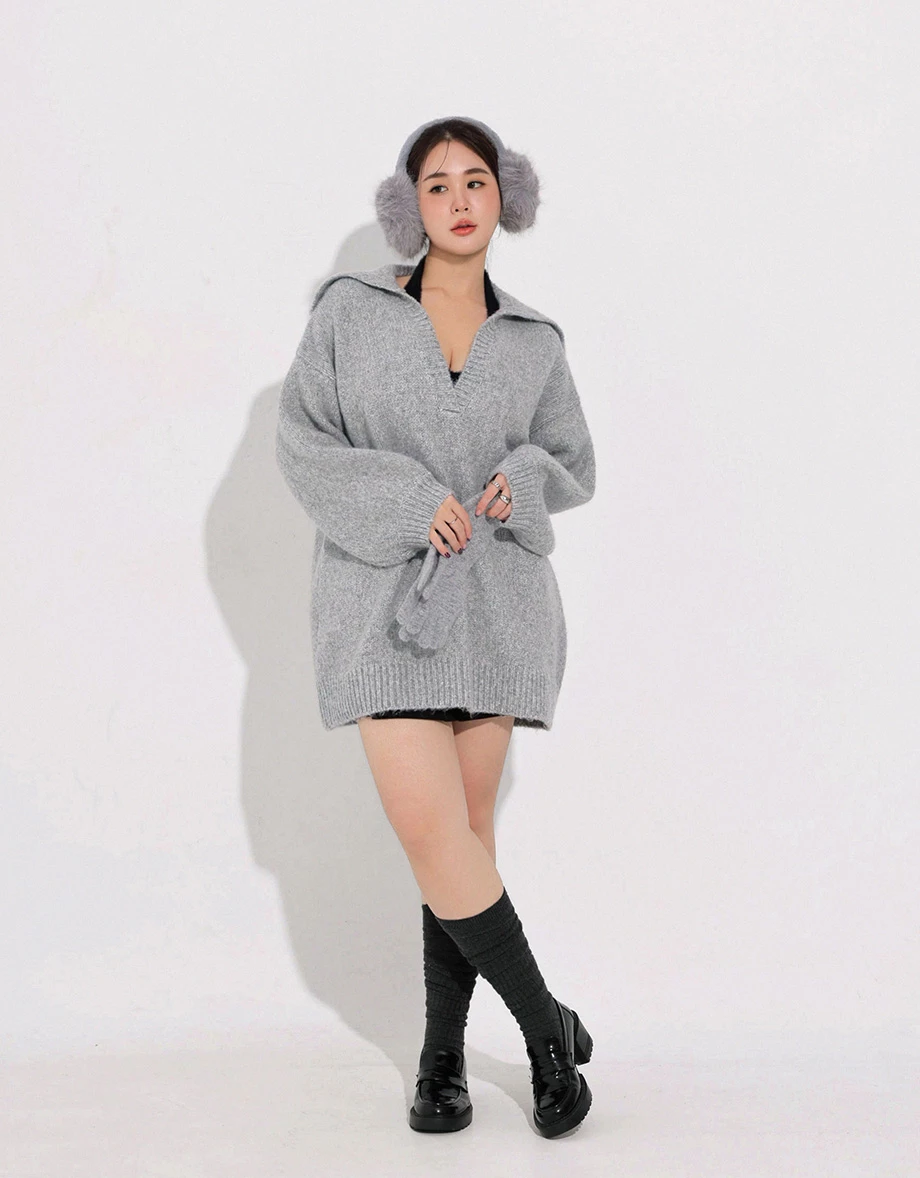 V Neck Folded Collar Longline Pullover Sweater