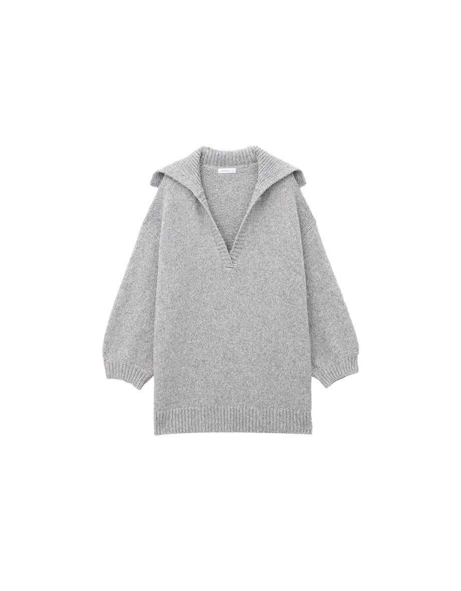 V Neck Folded Collar Longline Pullover Sweater
