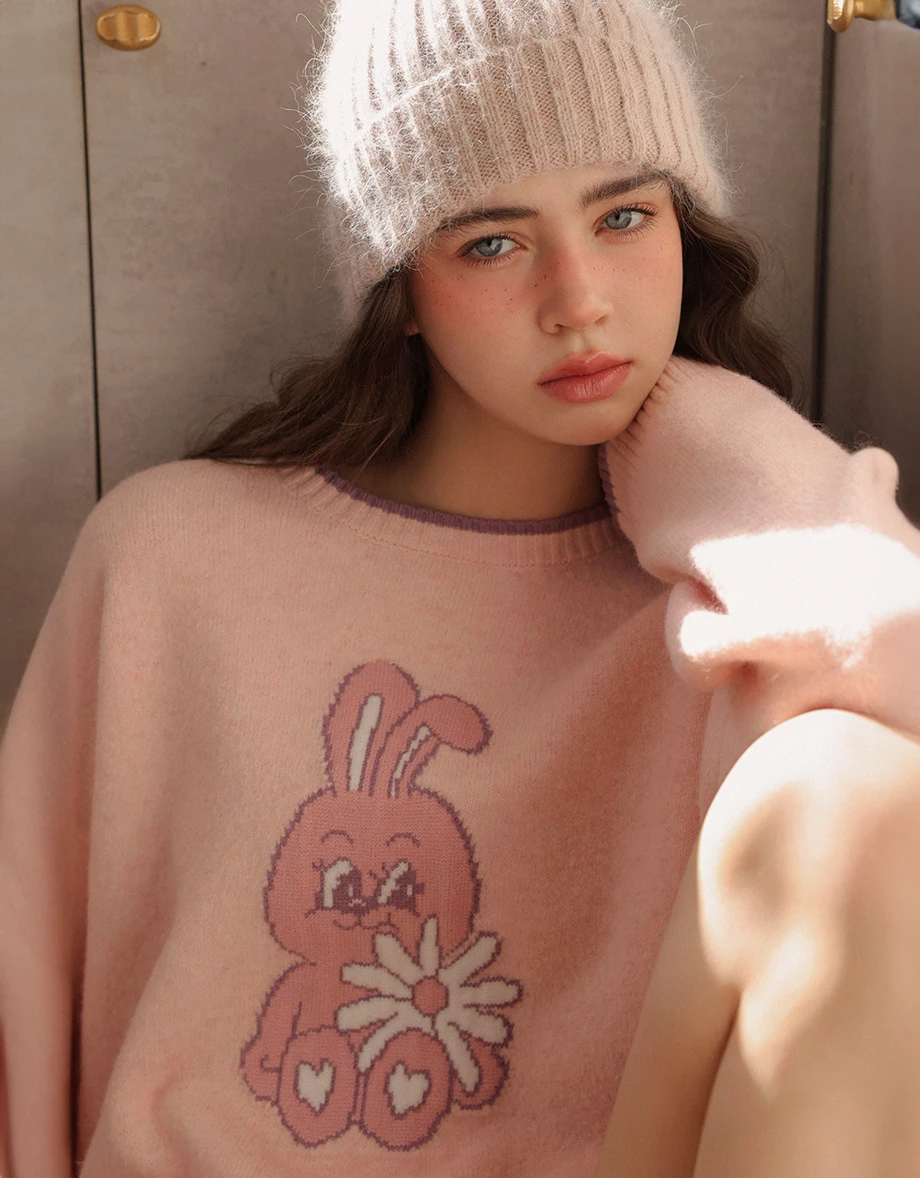 【Lyra & Toby】Lyra Bunny Jacquard Knit Sweater with Contrast Trim