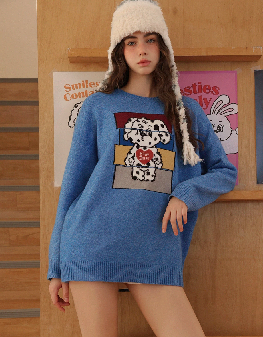 【Lyra & Toby】Color Block Toby Graphic Longline Crew Neck Knit Sweater