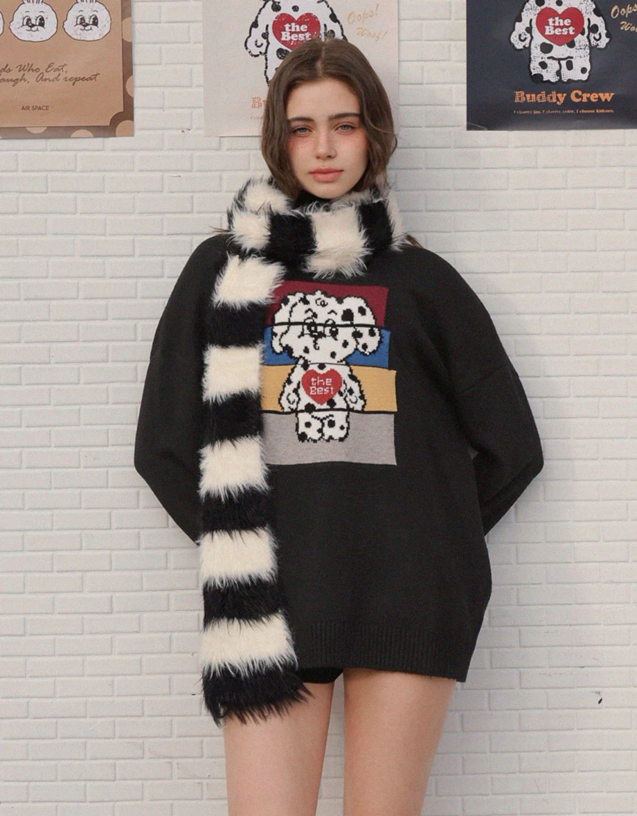 【Lyra & Toby】Color Block Toby Graphic Longline Crew Neck Knit Sweater