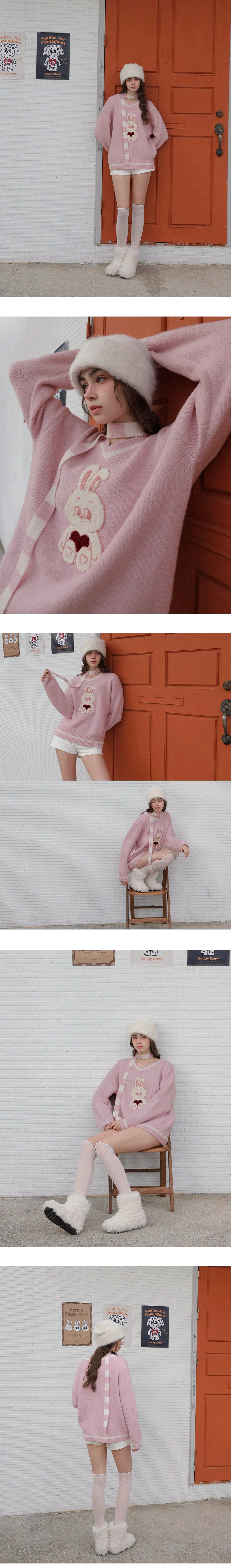 【Lyra & Toby】Lyra Bunny Print V Neck Knit Pullover Sweater (with Detachable Stripe Scarf Tie)