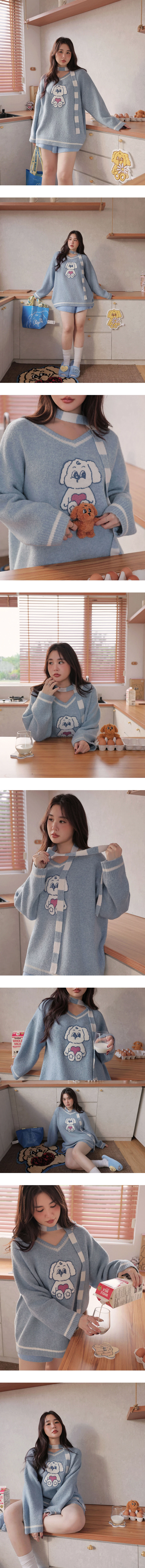 【Lyra & Toby】Lyra Bunny Print V Neck Knit Pullover Sweater (with Detachable Stripe Scarf Tie)