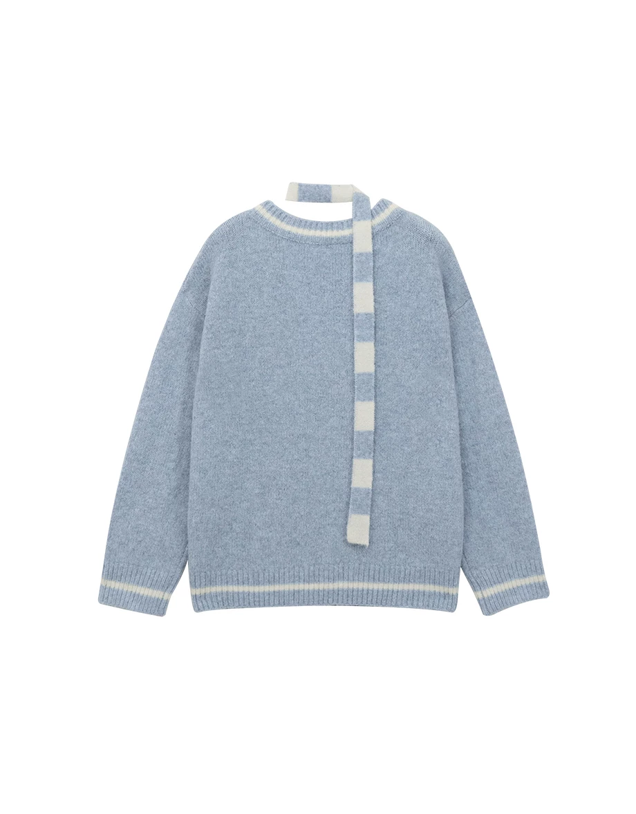 【Lyra & Toby】Lyra Bunny Print V Neck Knit Pullover Sweater (with Detachable Stripe Scarf Tie)