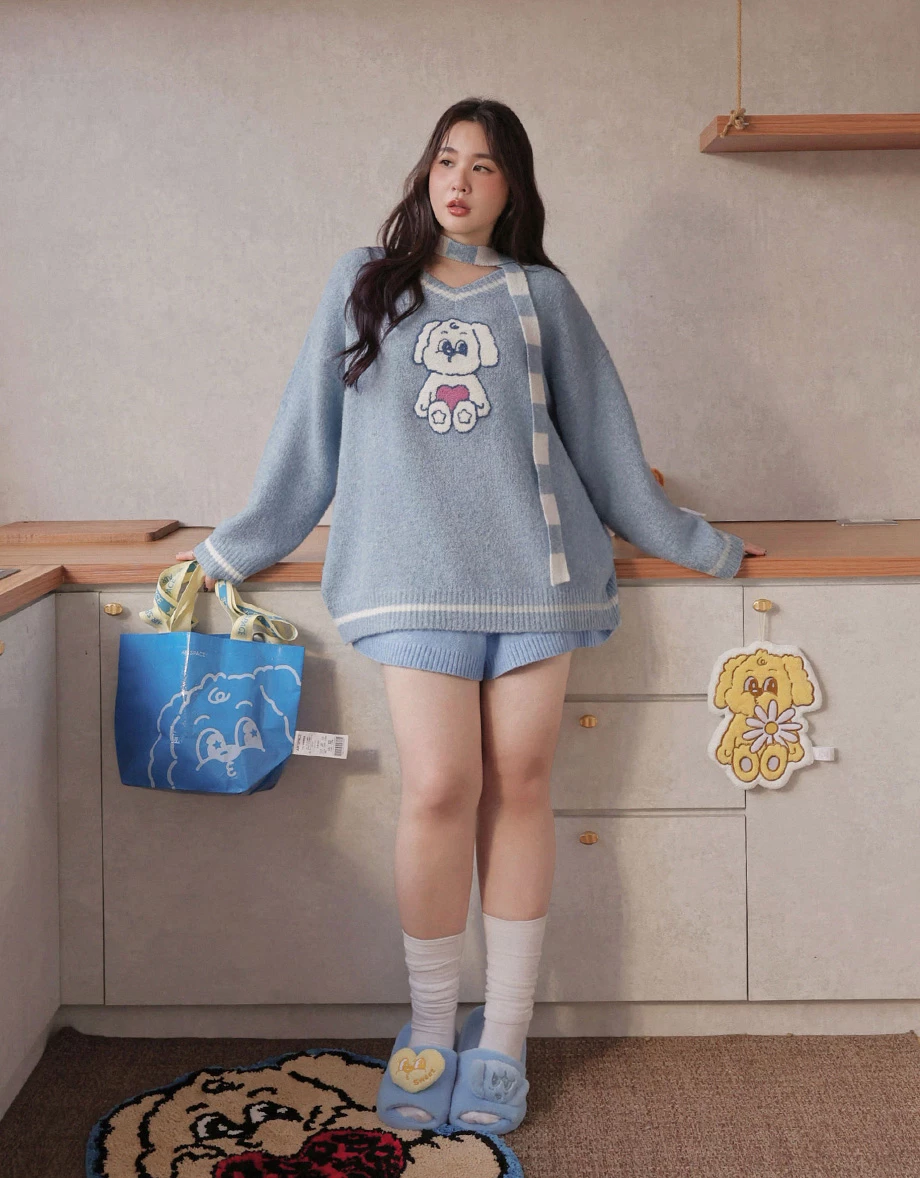 【Lyra & Toby】Lyra Bunny Print V Neck Knit Pullover Sweater (with Detachable Stripe Scarf Tie)