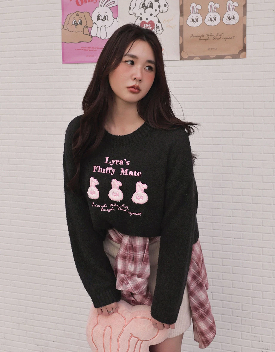 【Lyra & Toby】Slogan Embroidered Cropped Knit Sweater