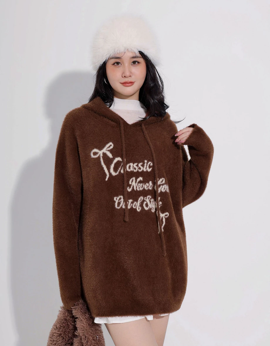 Fluffy Knit Longline Hooded Cardigan with Subtle Letter Print