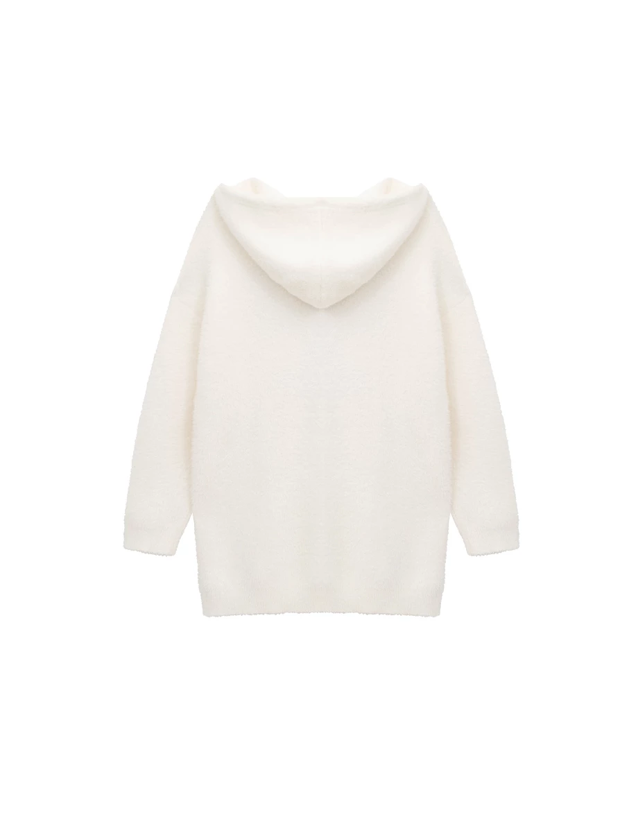 Fluffy Knit Longline Hooded Cardigan with Subtle Letter Print