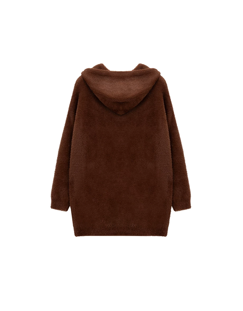 Fluffy Knit Longline Hooded Cardigan with Subtle Letter Print