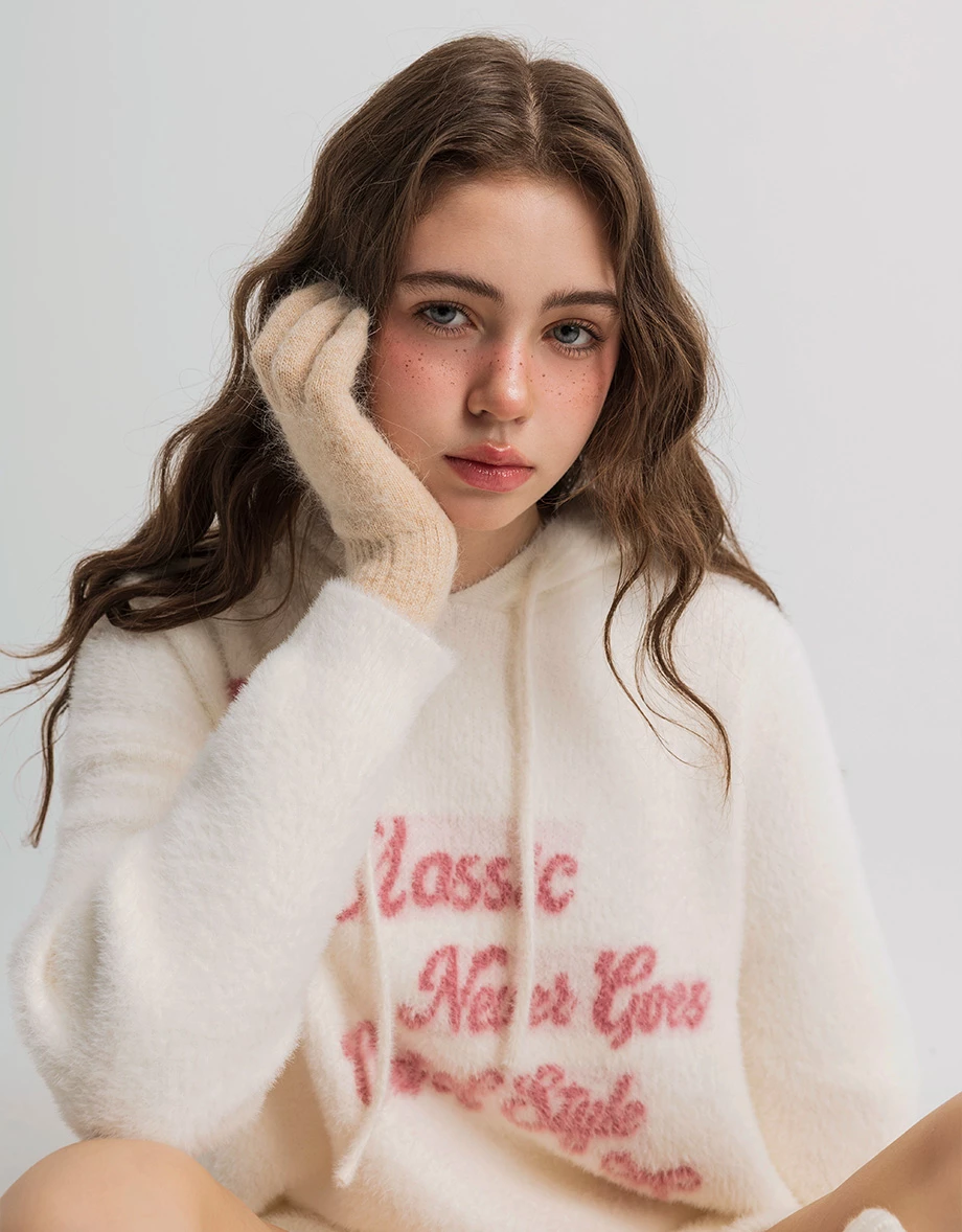 Fluffy Knit Longline Hooded Cardigan with Subtle Letter Print