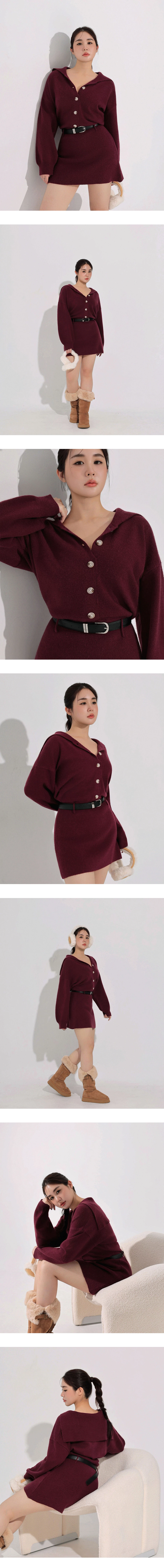 Sailor Collar Button Front Knit Long Sleeve Mini Dress (with Belt)
