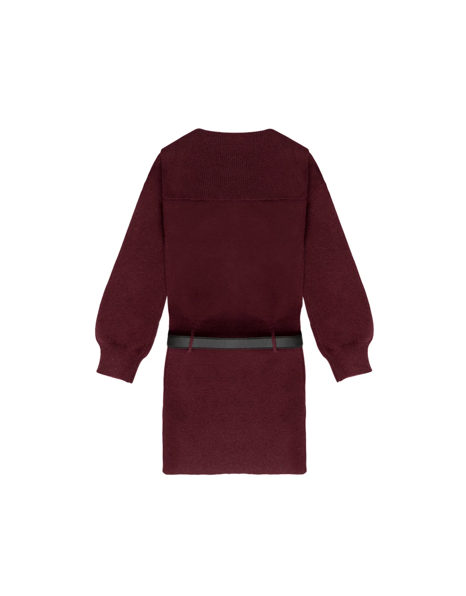Sailor Collar Button Front Knit Long Sleeve Mini Dress (with Belt)