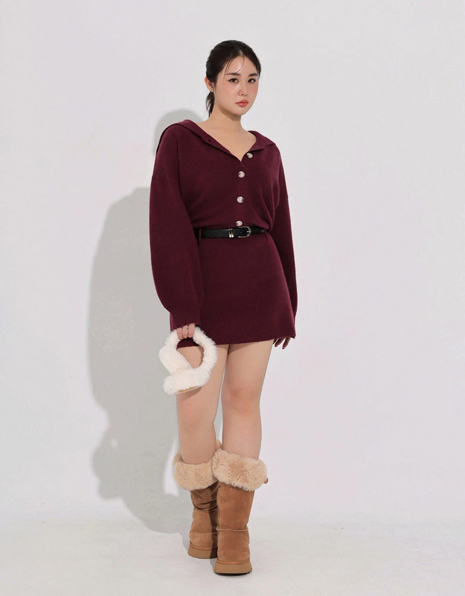 Sailor Collar Button Front Knit Long Sleeve Mini Dress (with Belt)