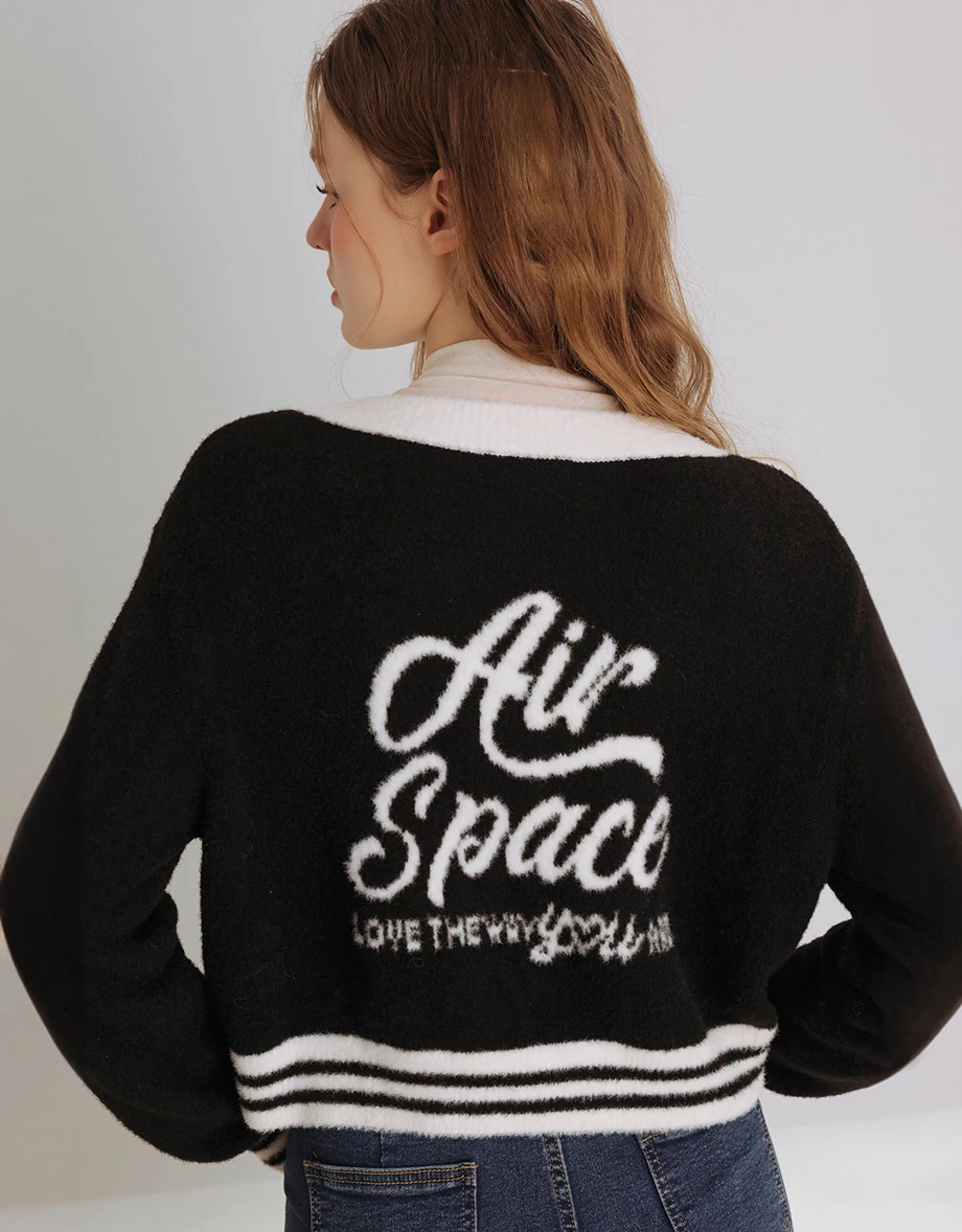 Fuzzy V Neck Contrast Trim Jacquard Lettering Cardigan Fuzzy V Neck Contrast Trim Jacquard Lettering Cardigan