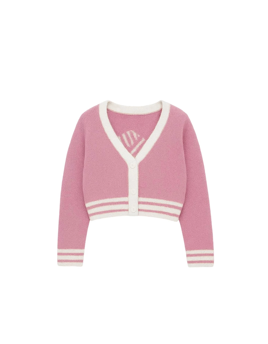 Fuzzy V Neck Contrast Trim Jacquard Lettering Cardigan