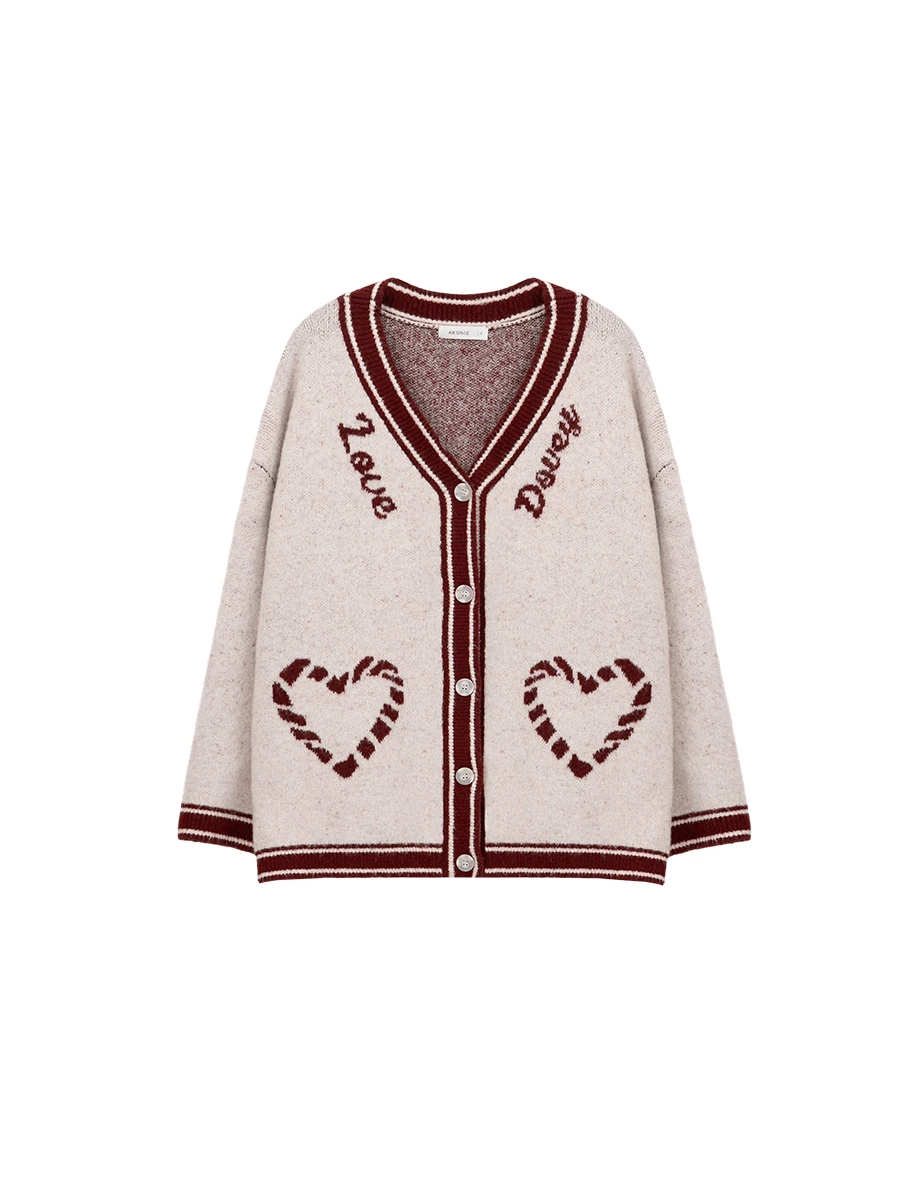 V Neck Contrast Trim Heart Jacquard Oversized Knit Cardigan