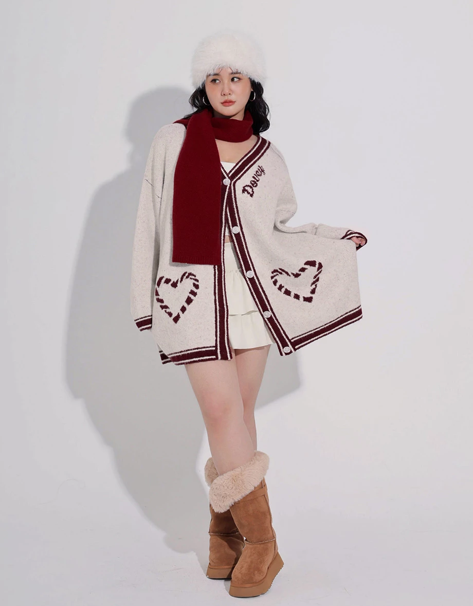 V Neck Contrast Trim Heart Jacquard Oversized Knit Cardigan