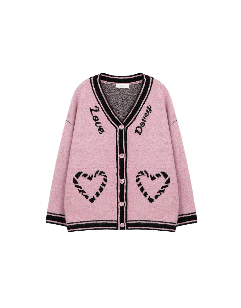 V Neck Contrast Trim Heart Jacquard Oversized Knit Cardigan