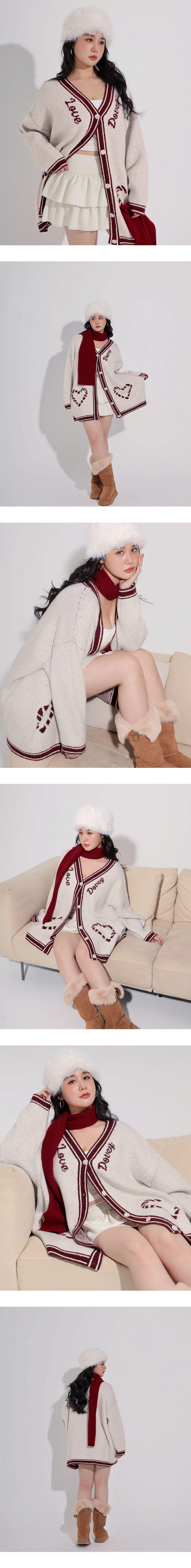 V Neck Contrast Trim Heart Jacquard Oversized Knit Cardigan