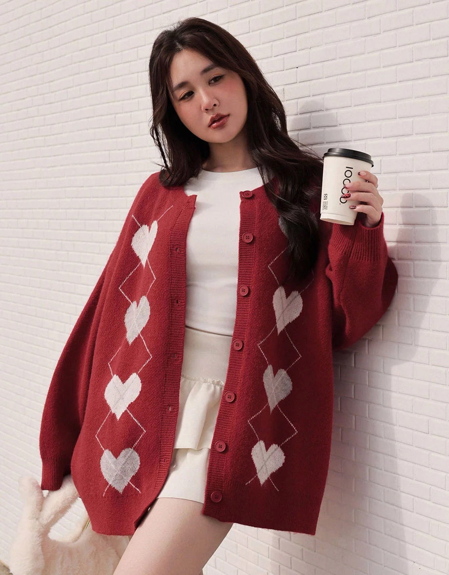 Argyle Heart Pattern Button Front Knit Longline Cardigan Argyle Heart Pattern Button Front Knit Longline Cardigan