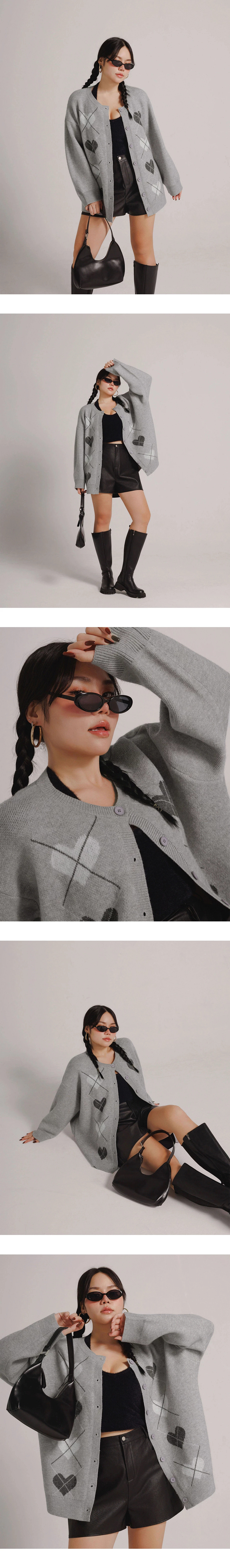 Argyle Heart Pattern Button Front Knit Longline Cardigan