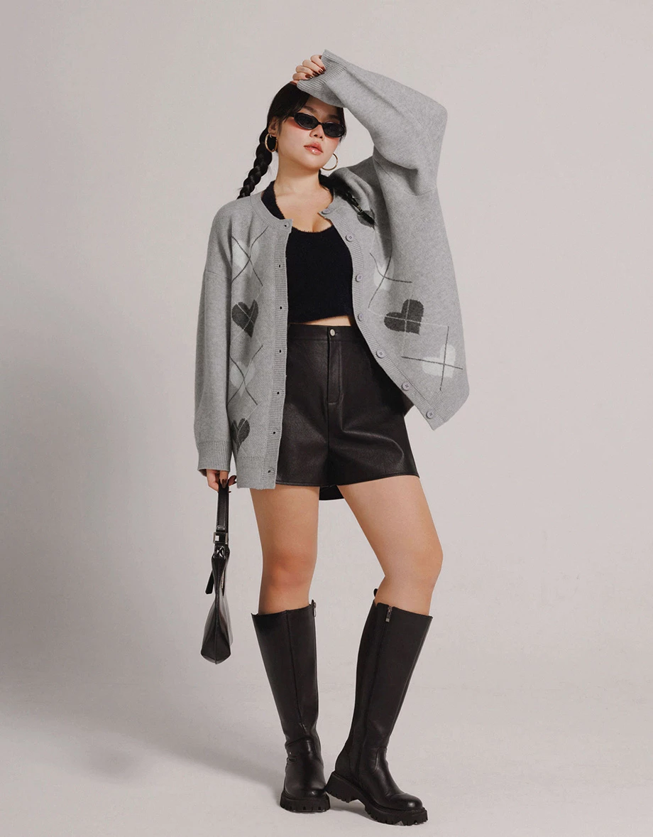 Argyle Heart Pattern Button Front Knit Longline Cardigan