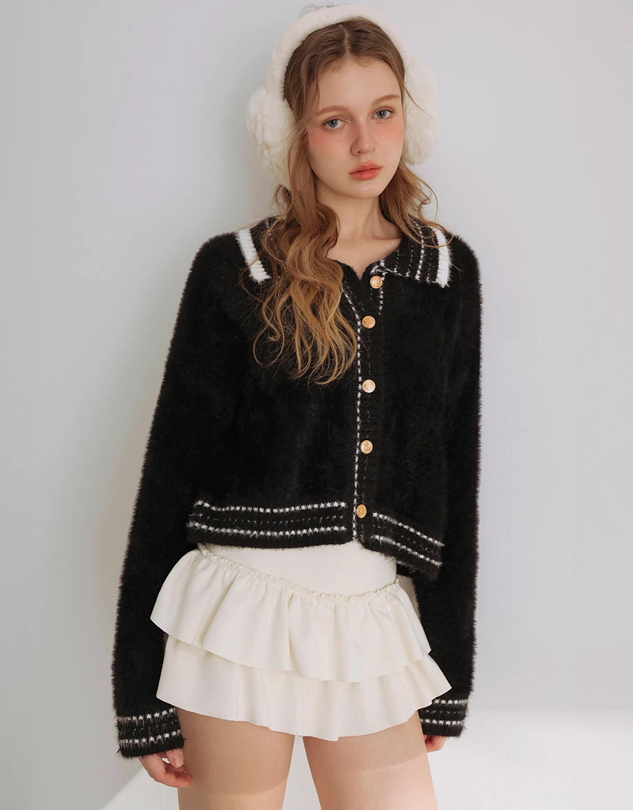 Long Sleeve Faux Mink Fur Contrast Trim Cardigan