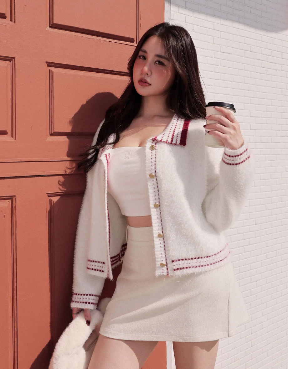 Long Sleeve Faux Mink Fur Contrast Trim Cardigan