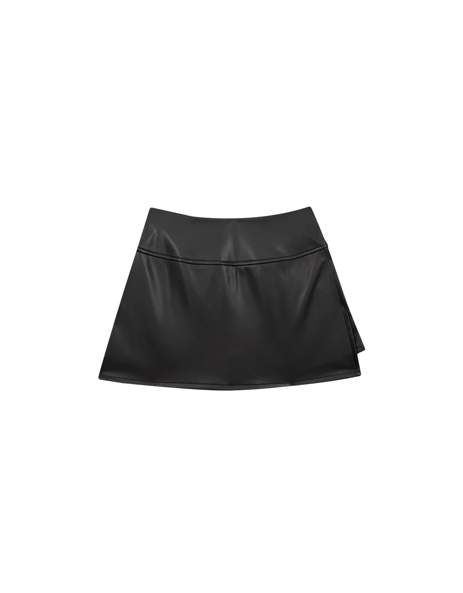 【Heat Tech】High Waist Faux Leather Side Slit Mini Skort