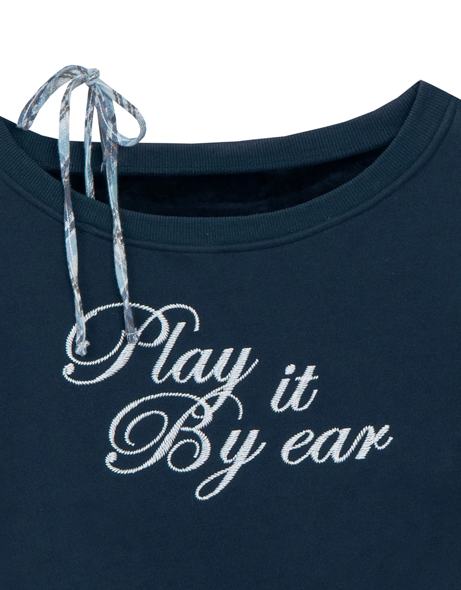 One Shoulder Letter Print Oversized Sweatshirt with Plaid Hem Detail