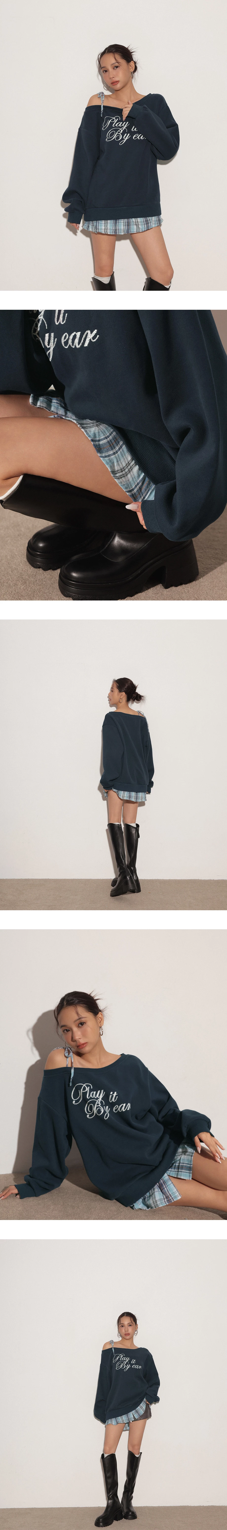 One Shoulder Letter Print Oversized Sweatshirt with Plaid Hem Detail