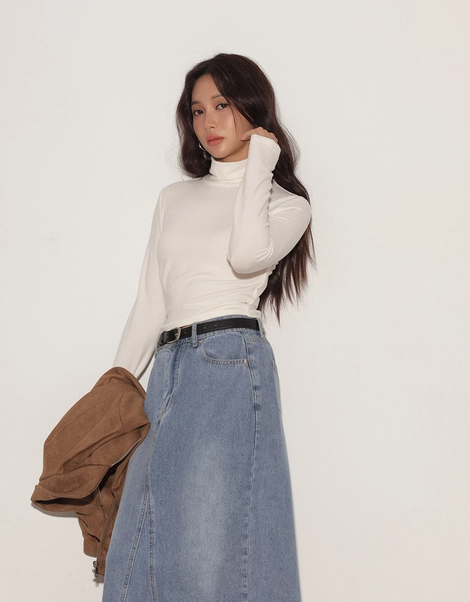 Heat Tech Plain Turtleneck Long Sleeve Cropped Top