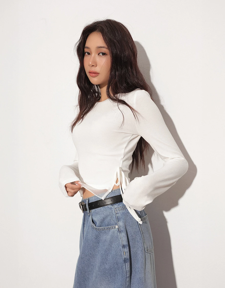 Round Neck Soft Ribbed Knit Top with Side Drawstring Detail